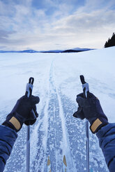 Männliche Arme, die Skipoles in einer weiten Landschaft halten, Colter Bay, Wyoming, USA - ISF15230