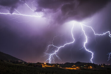 Lightning bolts over south Okanagan Valley, Penticton, British Columbia, Canada - ISF15254
