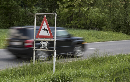 Österreich, Burgenland, Auto- und Verkehrszeichen, Wildwechselschild - EJWF00887