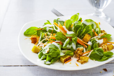 Herbstlicher Salat mit Feldsalat, Karotten, Krautsalat, Croutons und Walnüssen - KSWF01923
