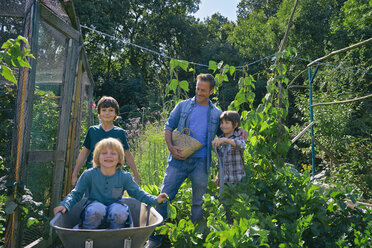 Mann und drei Jungen fahren in einer Schubkarre auf einem Schrebergarten - CUF38267