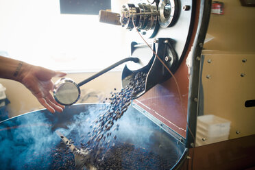 Weibliche Hand mit industrieller Kaffeeröstmaschine in einem Café - ISF15377