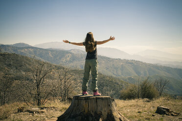 Rückansicht einer mittelgroßen erwachsenen Frau auf einem Baumstamm mit offenen Armen, Lake Arrowhead, Kalifornien, USA - ISF15381