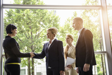 Businesswomen and men greeting client in office - ISF15470