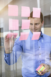 Businessman arranging post it notes on office window - ISF15472