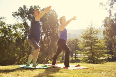 Mature couple practicing yoga position in park - ISF15758