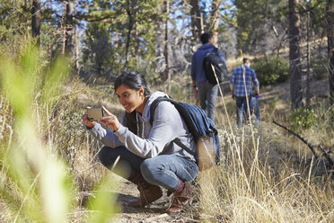 Junge Wanderin fotografiert mit Smartphone im Wald, Los Angeles, Kalifornien, USA - ISF15880