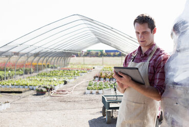 Young male horticulturalist using digital tablet at plant nursery - ISF15941