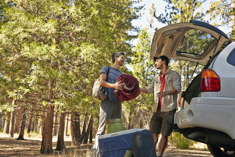 Zwei junge männliche Camper packen ihren Kofferraum im Wald aus, Los Angeles, Kalifornien, USA, lizenzfreies Stockfoto