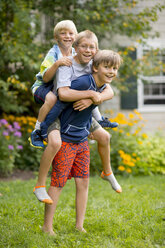 Drei Jungen spielen Huckepack im Garten - ISF16038