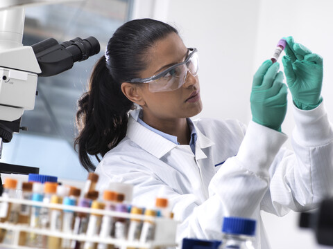 Feamle-Wissenschaftler bei der Vorbereitung einer Blutprobe für klinische Tests im Labor, lizenzfreies Stockfoto