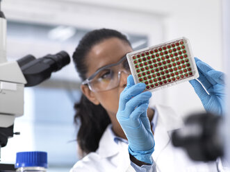 Wissenschaftlerin bei der Vorbereitung eines Multi-Well-Tabletts mit Blutproben für klinische Tests im Labor - ABRF00212