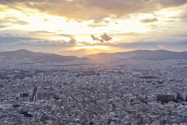 Greece, Attica, Athens, View from Mount Lycabettus over city at sunset - MAMF00155