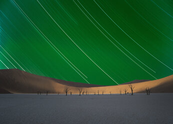 Lehmpfanne mit abgestorbenen Bäumen und Sternenspuren bei Nacht, Deaddvlei, Sossusvlei-Nationalpark, Namibia - CUF38948