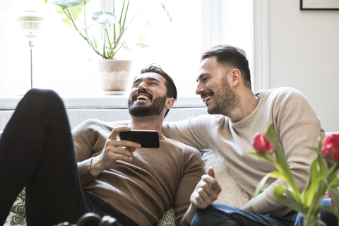 Fröhliches schwules Paar mit Smartphone, das zu Hause auf dem Sofa vor dem Fenster sitzt, lizenzfreies Stockfoto