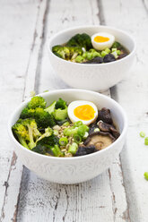 Two bowls of Ramen soup with egg, broccoli, noodles, shitake mushroom and spring onions - LVF07243