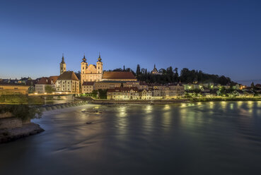 Austria, Upper Austria, Steyr, River Enns and St Michael's Church at blue hour - EJWF00904