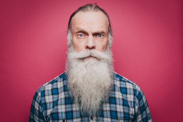 Portrait of confident senior man with long white beard over pink background - MASF08321