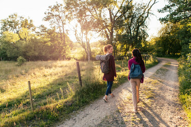 Volle Länge Rückansicht von Mutter und Tochter Wandern auf unbefestigten Weg im Wald - MASF08427