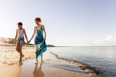 Full length of woman holding hands with daughter while walking on shore at beach against sky - MASF08448
