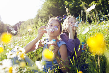 Sisters sitting in field of flower blowing bubbles - CUF40431