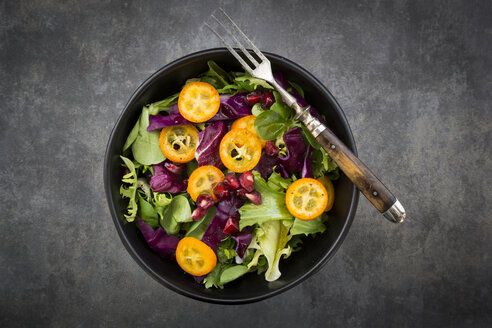 Schüssel mit gemischtem grünem Salat mit Rotkohl, Kumquat und Granatapfelkernen - LVF07259