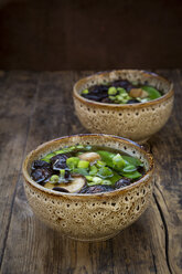 Japanese miso soup with sugar peas, shitake mushrooms, tofu and mung sprouts - LVF07273