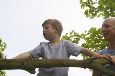 Vater und Sohn klettern auf einen Baum - CUF41320