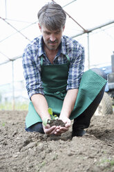 Biobauer mit Setzling im Polytunnel - CUF41479