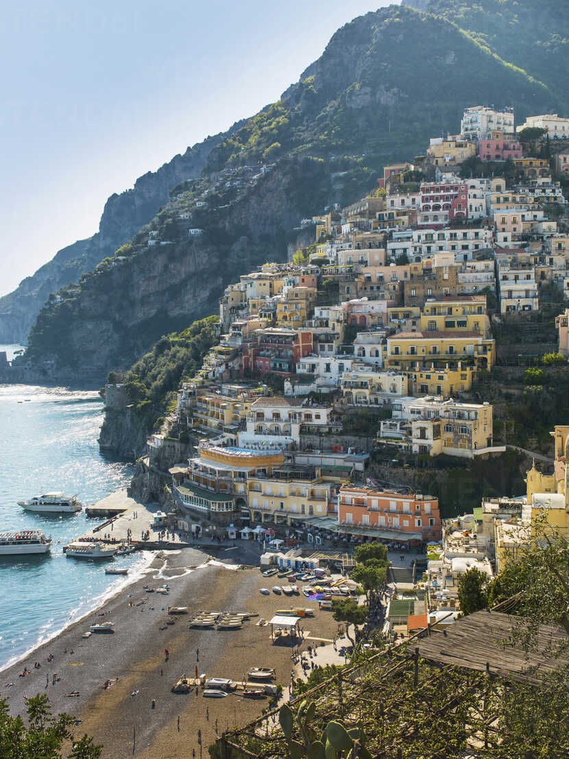 Houses on hillside, Positano, Amalfi Peninsula, Campania, Italy stock photo