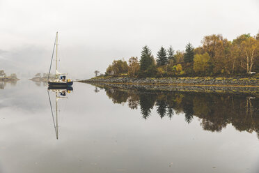 UK, Schottland, Segelboot und Baumreflexionen auf einem See im Hochland - WPEF00688