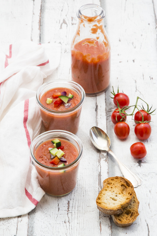 Homemade Gazpacho in glasses stock photo