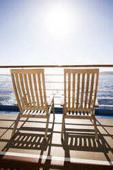 Two deckchairs on cruise ship at sea, Falmouth, Jamaica - CUF43012