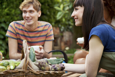 Freunde sitzen im Garten mit einem Korb mit frischem Gemüse - CUF43066