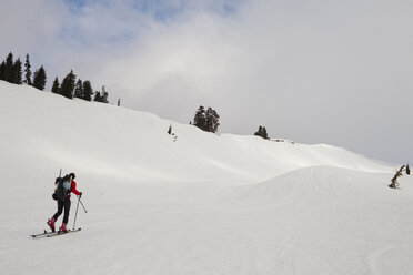 Ein Skifahrer fährt mit den Skiern einen Schneehang hinauf zum Gipfel eines Berggipfels. - MINF00035