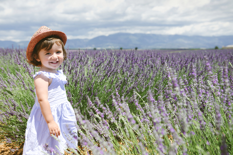 Frankreich, Provence, Valensole-Plateau, Glückliches Kleinkind-Mädchen in lila Lavendelfeldern im Sommer, lizenzfreies Stockfoto
