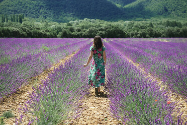 France, Provence, Valensole plateau, woman walking among lavender fields in the summer - GEMF02152