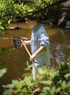 Ein kleiner Junge mit einem Fischernetz in der Hand an einem seichten Fluss beim Camping im New Forest. - MINF00207