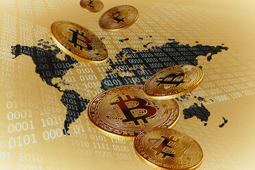 Goldene Bitcoins über der Weltkarte - CAIF21214