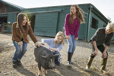Drei Kinder und eine junge Frau mit einem großen Schwein, im Schweinestall eines Tierheims. - MINF00219