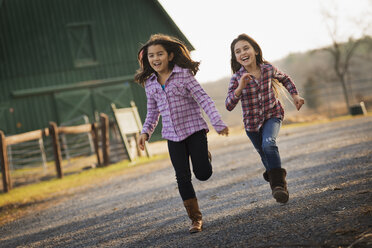 Two children running along a road, by a farm building, on an organic farm. - MINF00225