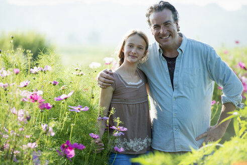 Sommer auf einem Bio-Bauernhof: Ein Mann und ein Mädchen in einem Blumenfeld. - MINF00262