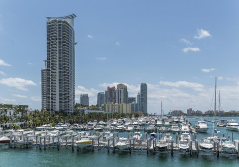 Moored yachts and condos in Miami Beach South Pointe, Florida, USA - CUF43552