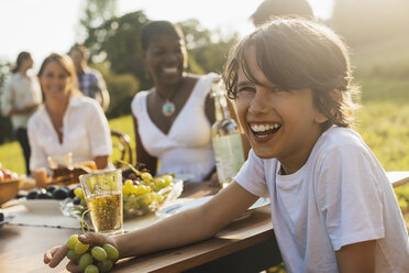 Eine Familie und Freunde beim Essen im Freien, ein Picknick oder ein Buffet am frühen Abend. - MINF00509