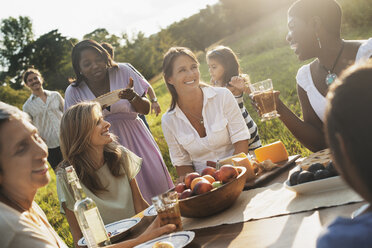 Eine Familie und Freunde beim Essen im Freien, ein Picknick oder ein Buffet am frühen Abend. - MINF00510