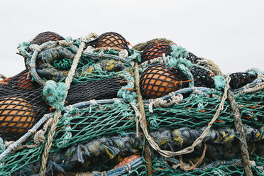 Commercial fishing nets at Fisherman's Terminal, Seattle, USA. stock photo