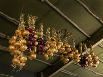 Onions strung up from the ceiling for storage, in a cool place. - MINF00847