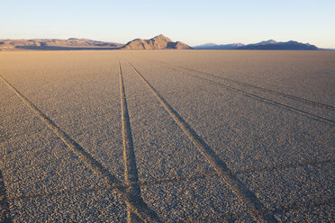 Tyre marks and tracks in the playa salt pan surface of Black Rock Desert, Nevada. - MINF00876