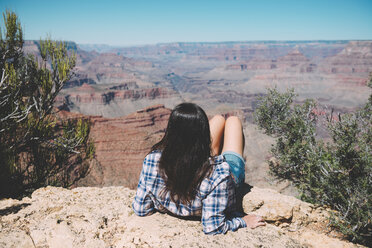 USA, Arizona, Grand Canyon National Park, Grand Canyon, back view of woman looking at view - GEMF02186