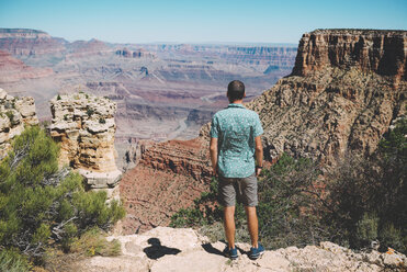 USA, Arizona, Grand Canyon National Park, Grand Canyon, Rückenansicht eines Mannes mit Blick auf die Aussicht - GEMF02191